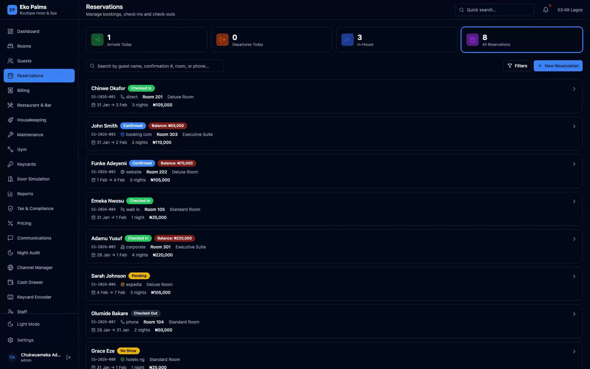 StayValor reservations and billing workspace for an independent hotel