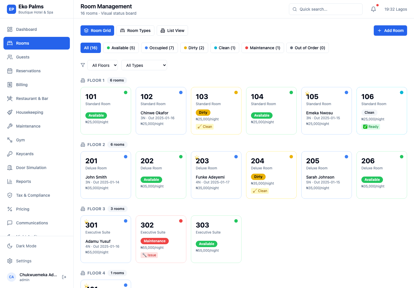 StayValor populated room management grid for front desk and housekeeping teams
